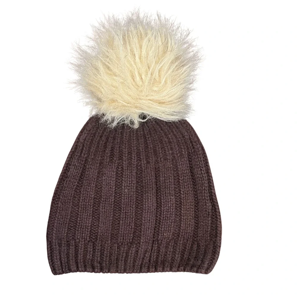 Babaton 100% Cashmere Ribbed Pom-Pom Beanie Brown One Size 103596